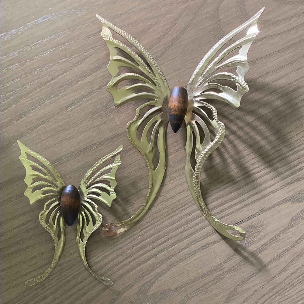 2 mid century gold and wood butterfly wall hangings